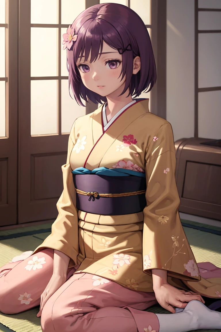 masterpiece, best quality, absurdres, 1girl, solo, JunkoKaname, short hair, hair ornament, indoors, kimono, hair flower, floral print, wariza, sitting, <lora:CHAR-JunkoKaname:1>