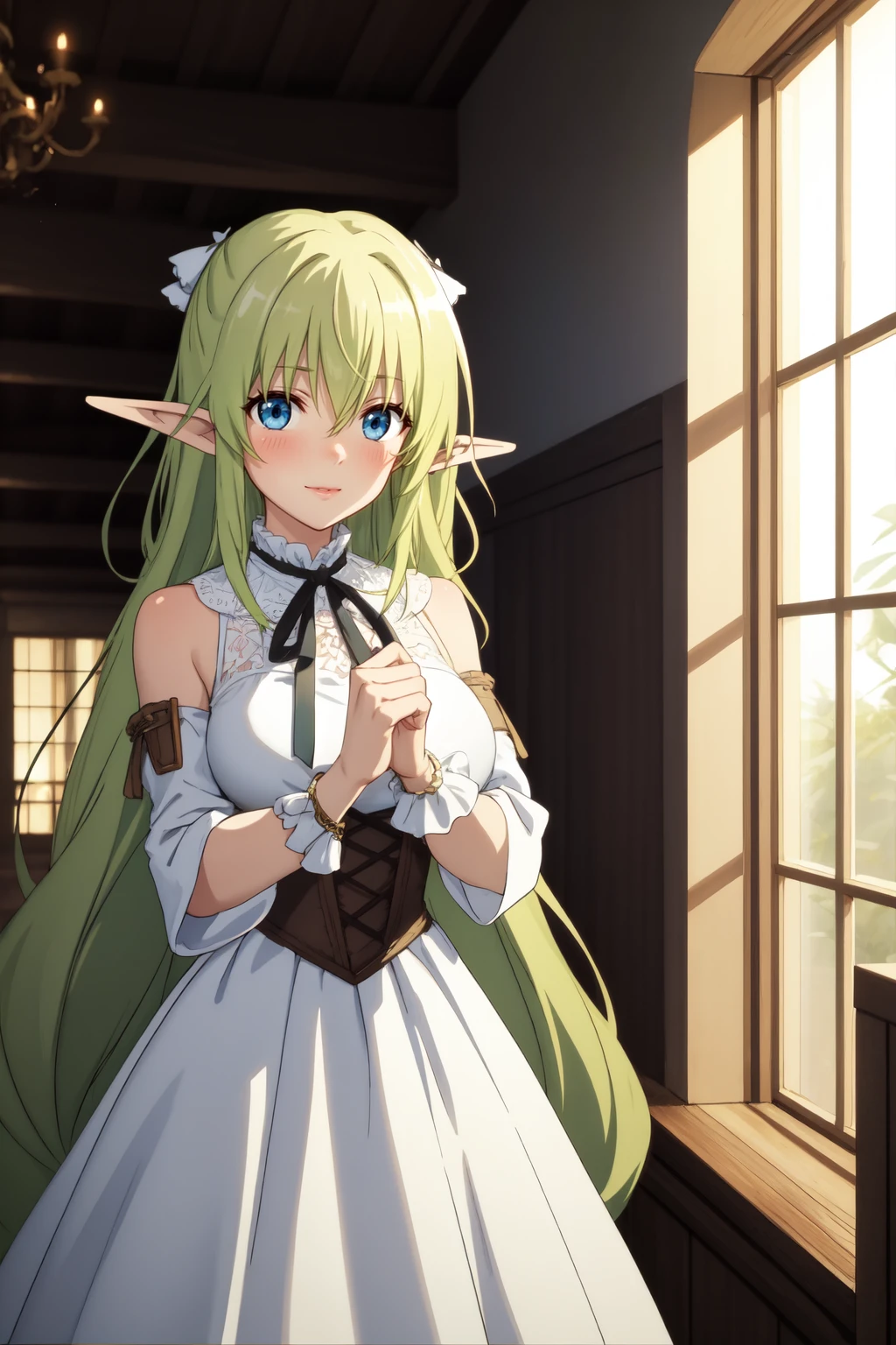 masterpiece, best quality, absurdres, 1girl,  Riruru <lora:Riruru:0.7>, very long hair, green hair, pointy ears, elf, blue eyes, (white dress), bare shoulders, detached sleeves, black ribbon,
BREAK light smile, nice hands, perfect hands <lora:GoodHands-vanilla:0.8>, beaufitul hand, beautiful finger, Indoor botanical gardens, (perfect anatomy),  [Cinematic lighting|Volumetric Lighting], portrait, cowboy shot