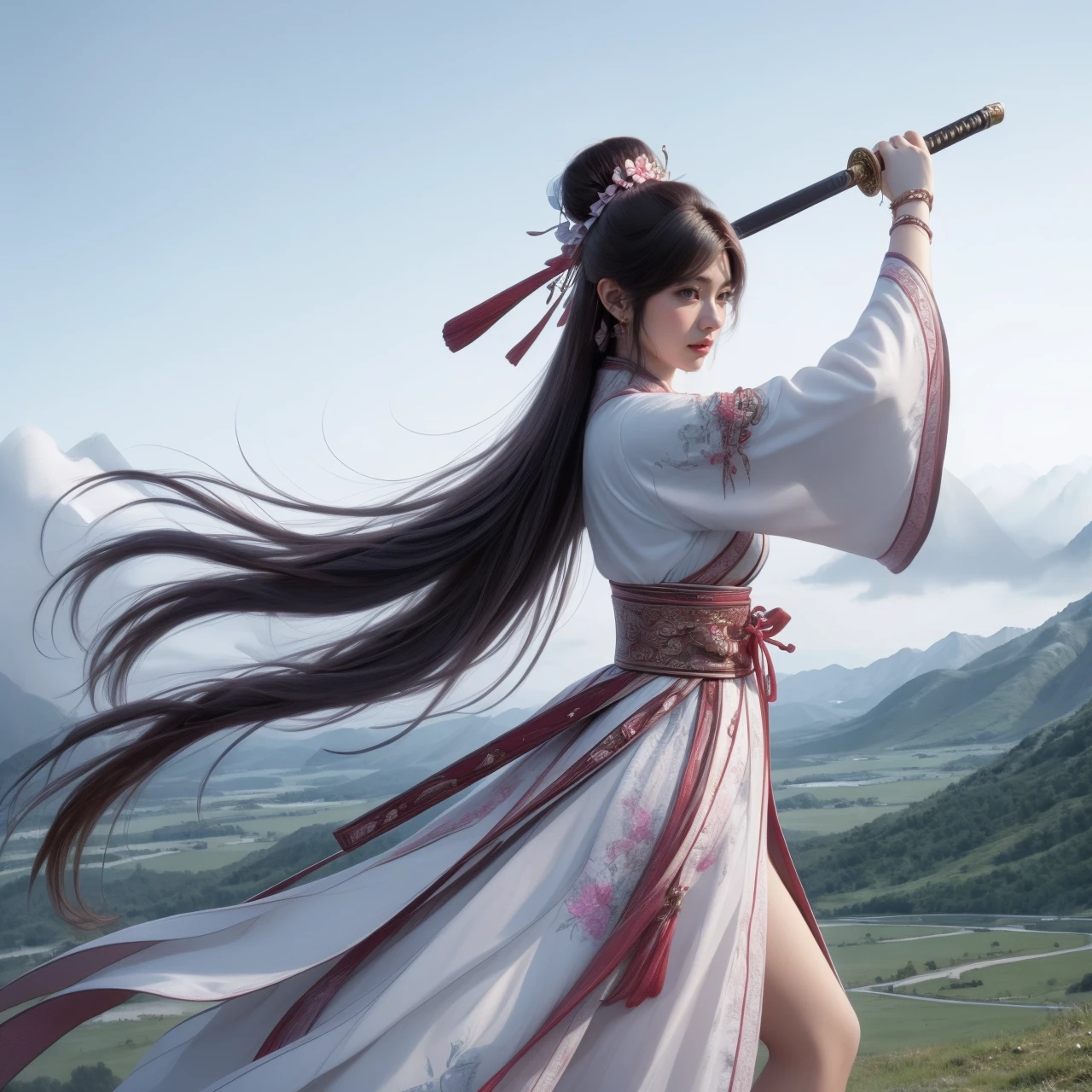 nvjianke,1girl,weapon,sword,long hair,hair ornament,holding weapon,holding,solo,jewelry,earrings,holding sword,outdoors,chinese clothes,hair bun,armor,long sleeves,mountain,black hair,wide sleeves,flower,sky,tassel,hair flower,very long hair,single hair bun,sash,ribbon,dress,
Best quality,masterpiece,ultra high res,<lora:20240301-1709278215417-0020:0.7>,