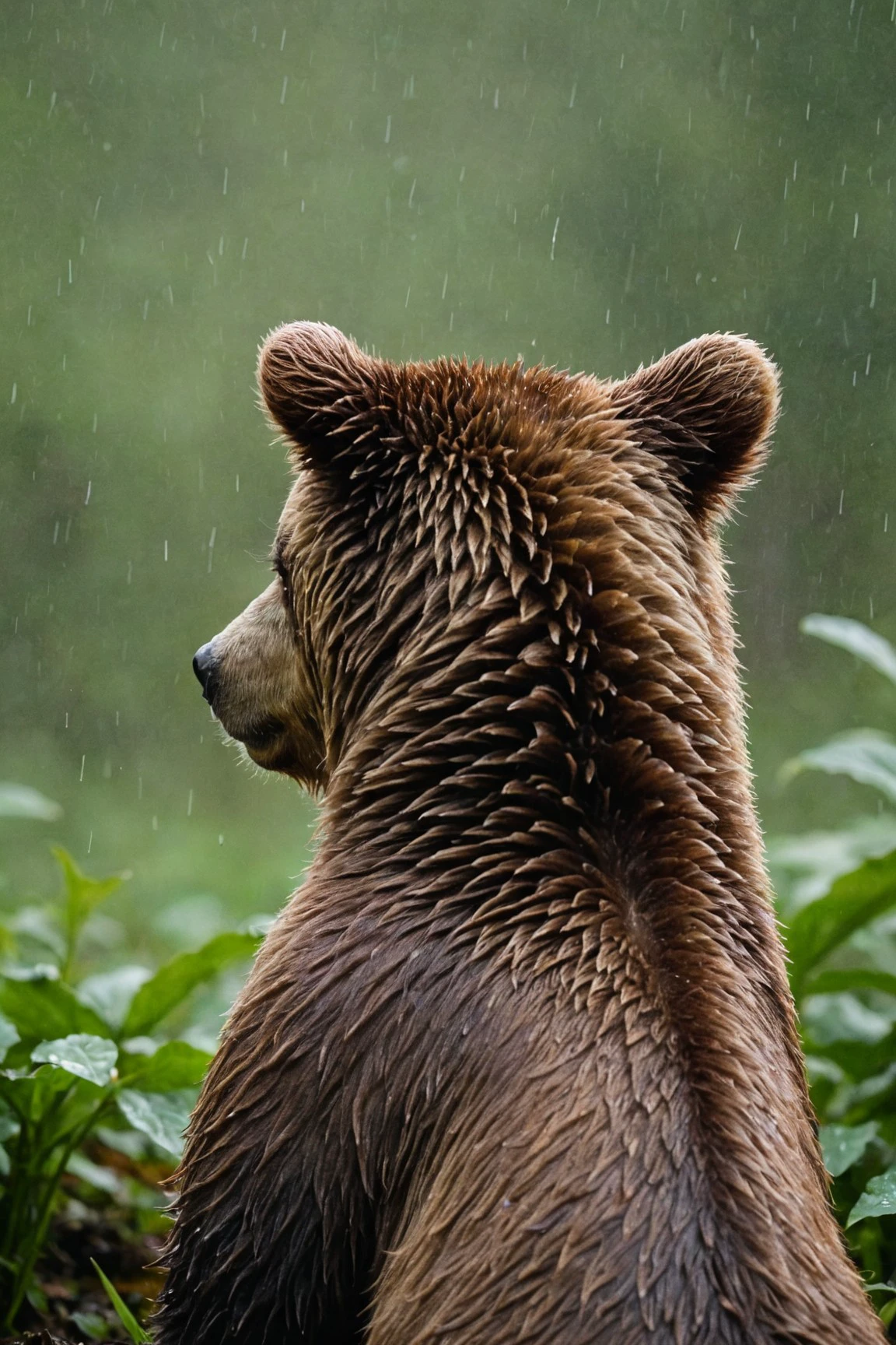 (vivid vibrant green color:1.3), The image showcases a brown animal, possibly a bear, viewed from its back. The setting appears to be outdoors with greenery in the background. The image has a soft focus, giving it a dreamy or ethereal quality. It seems to be taken during a rainy day, as evidenced by the visible raindrops. The overall mood of the image is serene and contemplative, with the animal seemingly observing its surroundings, plants <lora:HeadPOV_from_behind_vk1-000018:0.85>, profissional lighting, 4k, high quality, Fujifilm XT3