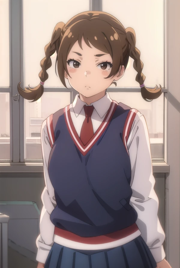 manmotoyama, <lora:man motoyama movie2-lora-nochekaiser:1>,
man motoyama, brown hair, braid, twin braids, fat, (brown eyes:1.5), blush, blush sticker,
BREAK skirt, school uniform, pleated skirt, necktie, miniskirt, red necktie, vest, sweater vest, blue sweater vest,
BREAK indoors, classroom,
BREAK looking at viewer, (cowboy shot:1.5), dynamic pose,
BREAK <lyco:GoodHands-beta2:1>, (masterpiece:1.2), best quality, high resolution, unity 8k wallpaper, (illustration:0.8), (beautiful detailed eyes:1.6), extremely detailed face, perfect lighting, extremely detailed CG, (perfect hands, perfect anatomy),