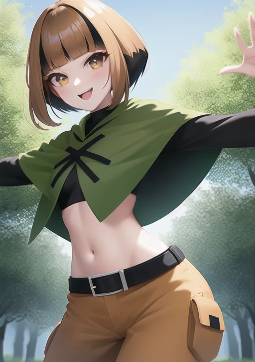 <lora:gardenia:0.7> , gardenia, 1girl, solo, looking at viewer, blush, smile, short hair, open mouth, bangs, brown hair, shirt, black hair, long sleeves, navel, brown eyes, standing, :d, sidelocks, multicolored hair, cowboy shot, outdoors, shorts, teeth, day, tongue, midriff, belt, blunt bangs, stomach, two-tone hair, tree, crop top, groin, orange eyes, black shirt, capelet, upper teeth only, outstretched arms, nature, forest, black belt, spread arms, brown shorts, poncho, green capelet