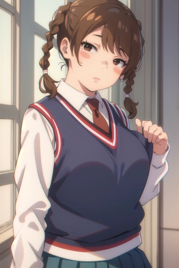 manmotoyama, <lora:man motoyama movie2-lora-nochekaiser:1>,
man motoyama, brown hair, braid, twin braids, fat, (brown eyes:1.5), blush, blush sticker,
BREAK skirt, school uniform, pleated skirt, necktie, miniskirt, red necktie, vest, sweater vest, blue sweater vest,
BREAK indoors, classroom,
BREAK looking at viewer, (cowboy shot:1.5), dynamic pose,
BREAK <lyco:GoodHands-beta2:1>, (masterpiece:1.2), best quality, high resolution, unity 8k wallpaper, (illustration:0.8), (beautiful detailed eyes:1.6), extremely detailed face, perfect lighting, extremely detailed CG, (perfect hands, perfect anatomy),