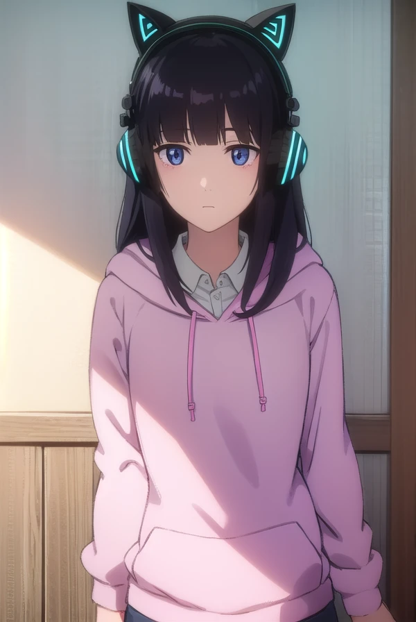 hidomihibajiri, <lora:hidomi hibajiri movie1-lora-nochekaiser:1>,
hidomi hibajiri, long hair, bangs, black hair, (purple eyes:1.1), blunt bangs,
BREAK shirt, animal ears, white shirt, collared shirt, hood, hoodie, fake animal ears, headphones, hood down, animal ear headphones, cat ear headphones, pink hoodie,
BREAK indoors,
BREAK looking at viewer, (cowboy shot:1.5), dynamic pose,
BREAK <lyco:GoodHands-beta2:1>, (masterpiece:1.2), best quality, high resolution, unity 8k wallpaper, (illustration:0.8), (beautiful detailed eyes:1.6), extremely detailed face, perfect lighting, extremely detailed CG, (perfect hands, perfect anatomy),