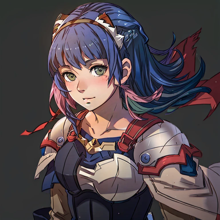 Fire Emblem, Catria (Fire Emblem), Catria (Fire Emblem Gaiden), Catria (Fire Emblem Echoes: Shadows of Valentia), (simple background, green background:1.3), light top left, Armor, 1Girl, Teenager, Double Bun, Multicolored Hair, Black Hair, Pink Hair, (Happy:1.3)