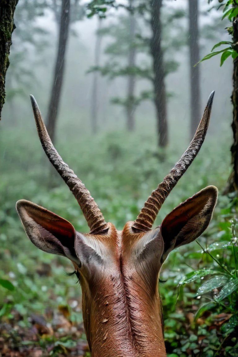 a photo shot in the point of view from the back of a Antelope's head, pov, close-up on the lower corner, on a rainy dense forrest full of leaves, grass and plants, flowers <lora:HeadPOV_from_behind_vk1-000018:0.85>, natural lighting, 4k, high quality, Fujifilm XT3