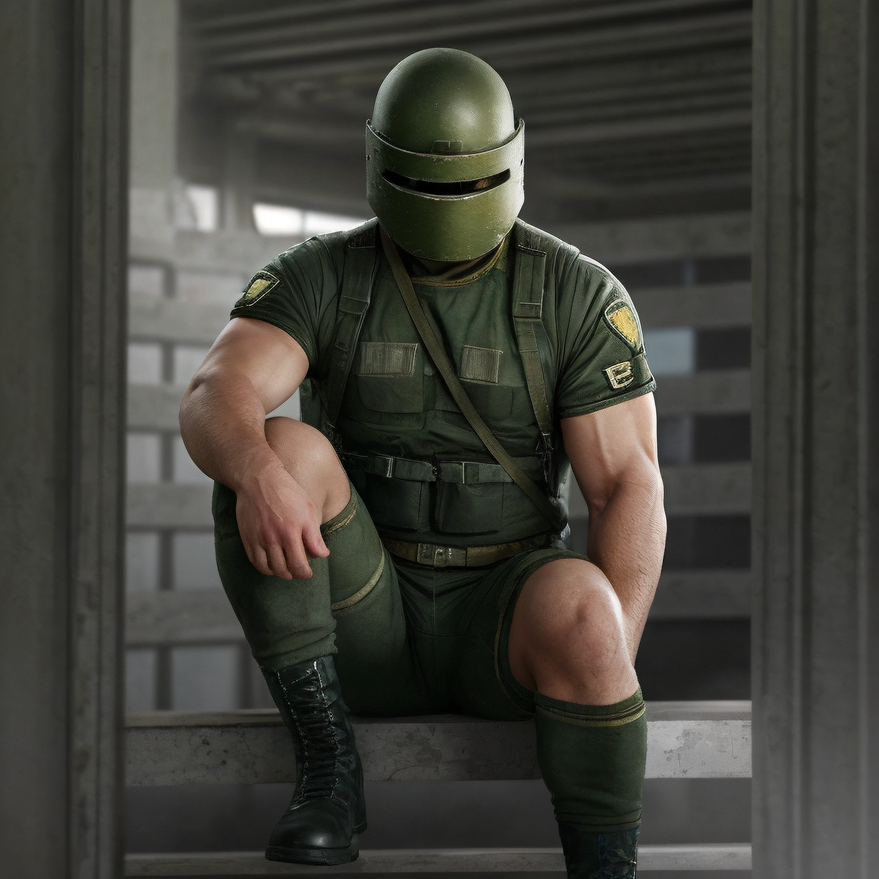 1male, Tachanka, (helmet:1.1), pectoral, biceps, neck, <lora:Tachanka:0.4>, (realistic:1.2), Masterpiece, portrait photo, clothes, t-shirt, green military uniform