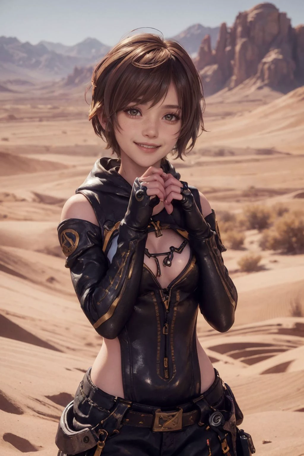 1girl, cute, st3llarlilly, smiling, short hair, leotard, hood, cleavage, fingerless gloves, in a mechanical workshop, desert landscape background, (8k, RAW photo, best quality, masterpiece:1.2),ultra-detailed, (high detailed skin:1.2), 8k uhd, dslr, soft lighting, high quality,  <lora:Lilly_StellarBlade2:0.7>