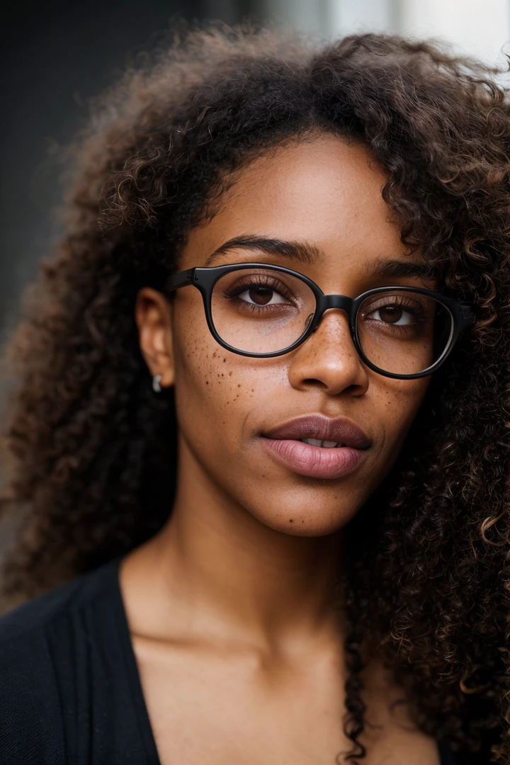 photo RAW,Short light skinned black female, long curly with no frizz brown hair, glasses, freckles, brown eyes, no imperfections, exceptional shallow depth-of-field capabilities, atmospheric blur,vivid colors,, high quality textures of materials, volumetric textures, coating textures, metal textures, dusty atmospheric haze