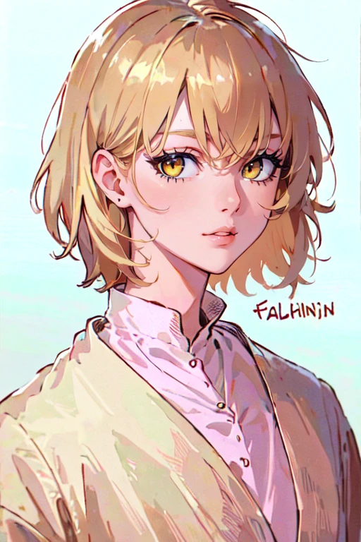 falin_thorden, 1girl, blush, smile, looking at viewer, character name, upper body, white background, bangs, short hair, simple background, blonde hair, portrait, collared shirt, parted lips, brown eyes, jacket, floating hair<lora:EMS-308231-EMS:1.000000>