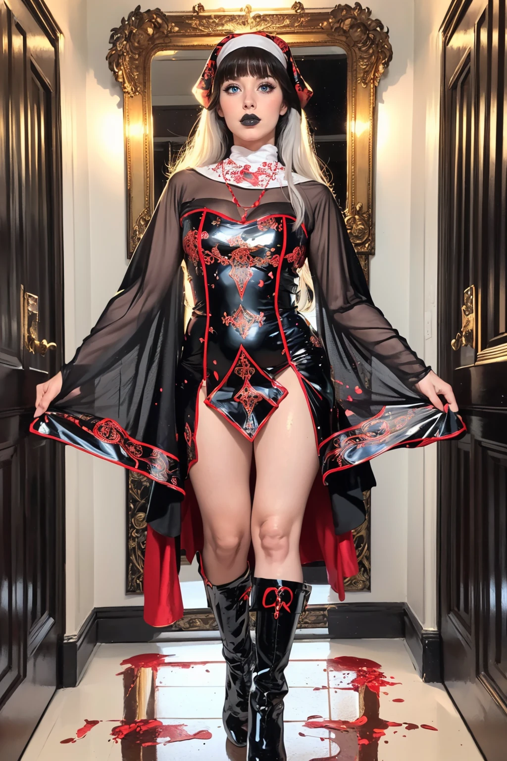 sexy woman, adult, tall, smirk, (long white hair with bangs:1.2), tmtc_3, black and red latex short dress, nun, habit, blood splatters, pelvic curtain, latex, full body, boots, makeup, lipstick, false eyelashes, <lora:tmtc_3-08:0.77>, (Ornate Mirror Hallway, Reflective, ornate, lair, deceiving, by Edgar Degas:1.3),