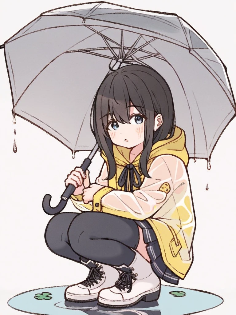 <lora:XL_Colored lead(pony)2-000007:1>,caiqian style,1girl,solo,umbrella,blue eyes,skirt,squatting,long hair,hood,boots,looking at viewer,pleated skirt,raincoat,flower,reflection,black legwear,water,rubber boots,transparent,rain,holding,wet,bangs,black skirt,blush,long sleeves,parted lips,hood down,brown hair,kneehighs,holding umbrella,ripples,eyebrows visible through hair,white footwear,yellow raincoat,black hair,transparent umbrella,ribbon,hair between eyes,:o,jacket,full body,white background,open mouth,puddle,clover,hooded jacket,, score_9,_up score_8_up,