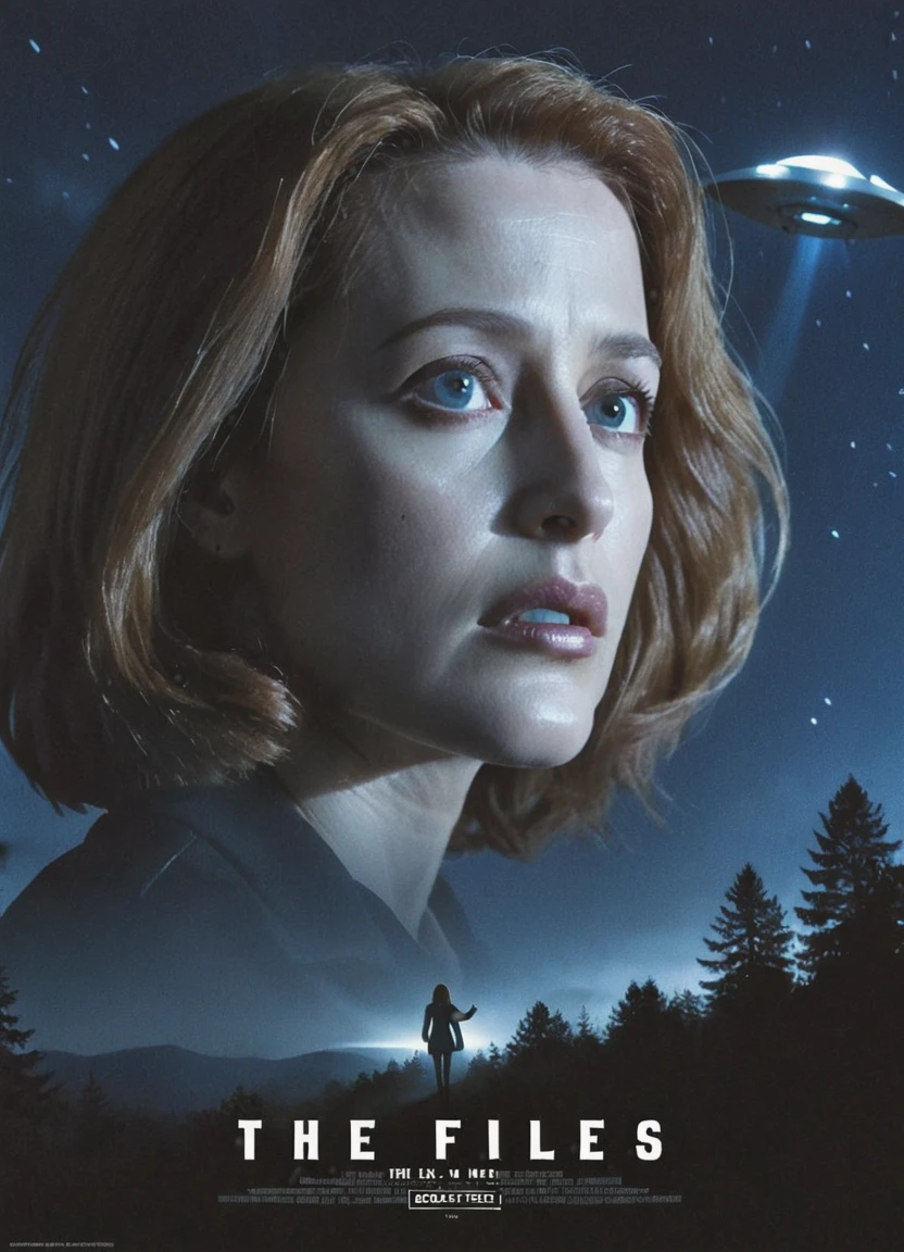 cinematic movie poster starring agentscully, realistic portrait of a woman, science fiction theme, night, dark sky, dramatic light, light effects, outside, trees in the background, ufo in the sky, movie title text "The X-Files" in bold letters,
<lora:DanaScullyXL_v2d-step00002100:0.8>