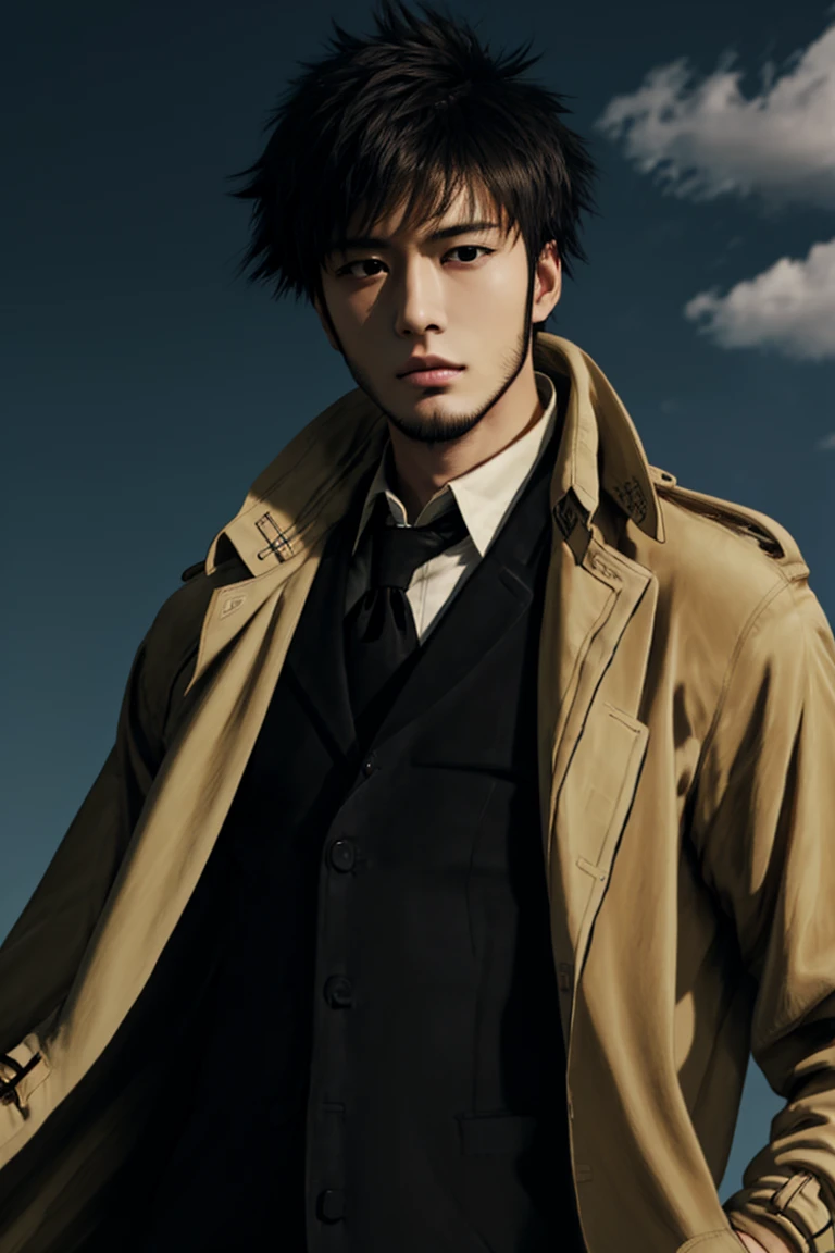 solo male, Genma Shizume, Asian, Japanese, black hair, chinstrap beard, sideburns, black eyes, calm eyes, slitty eyes, (dress in layers), white collared shirt, black necktie, (black suit jacket:1.3), (light brown trench coat, open trench coat:1.3), black pants, black gloves, mature, masculine, handsome, charming, allurin, grin, smile, upper body, perfect anatomy, perfect proportions, (best quality, masterpiece, high_resolution:1.3), perfect eyes, perfecteyes<lora:EMS-308260-EMS:0.700000>, <lora:EMS-498-EMS:0.600000>