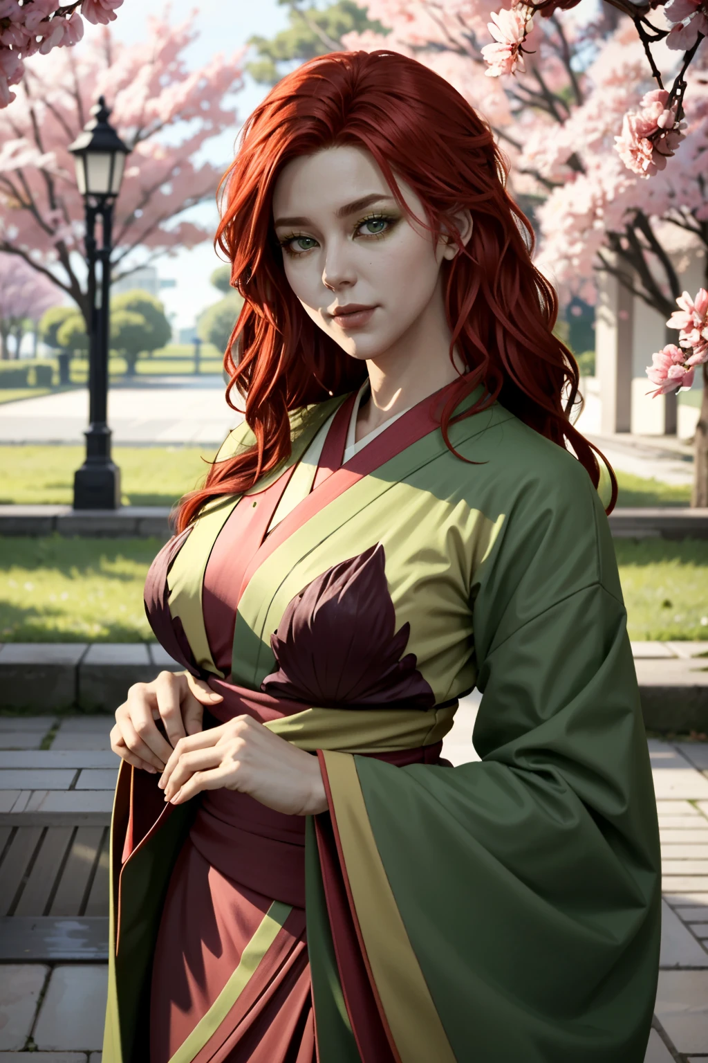 ((ultra detailed, masterpiece, absurdres))
 <lora:I2PIvy:0.8>
I2PIvy, long hair, red hair, green eyes, in a traditional kimono, surrounded by cherry blossoms