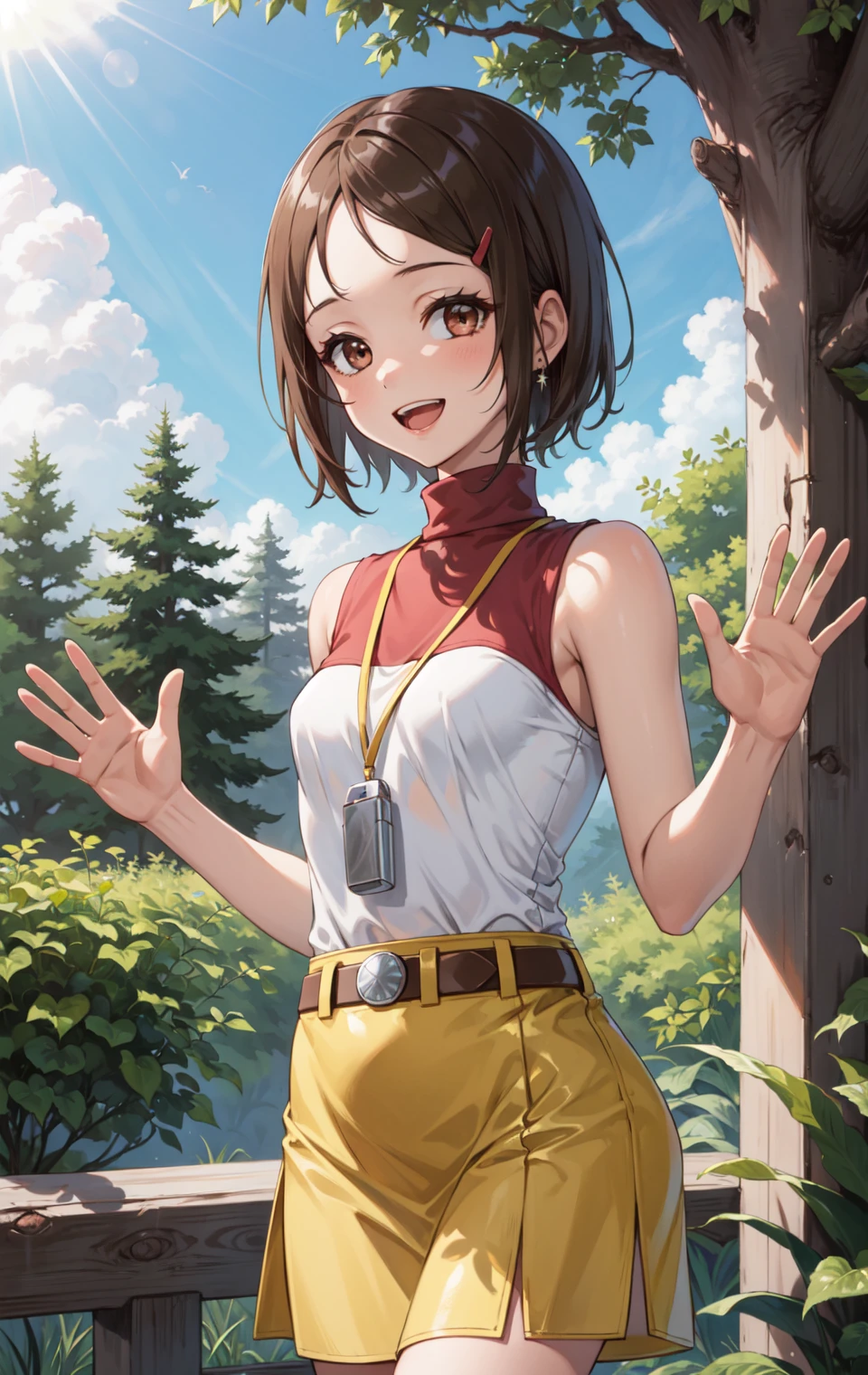 masterpiece, best quality, highres,
HikariDef, 1girl, solo, short hair, brown eyes, brown hair, hair ornament, hairclip, 
shirt, bare shoulders, skirt, jewelry, sleeveless, belt, turtleneck, 
cowboy shot, waving, waving arms, looking at viewer, forest, outdoors, tree, sunlight, cloudy, laughing, <lora:Yagami_Hikari:1>