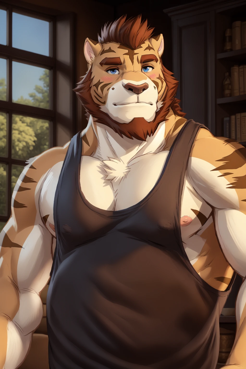 <lora:lars-08:0.9>, larsAC, blue eyes, muscular, mature male, musclegut, tail, (posing:1.3), (soft shading), 4k, hi res, ((detailed face, detailed)), by zackarry911, by zaush, (by personalami:0.5), looking at viewer, blush, smile, brown hair, bare shoulders, nipples, upper body, male focus, tank top, cropped torso, nipple slip, black tank top, pectoral cleavage, sidepec