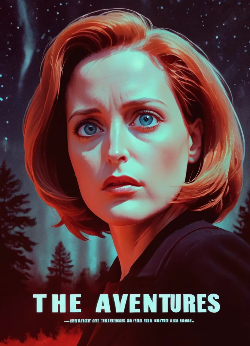 cinematic movie poster starring agentscully, realistic portrait of a woman, science fiction theme, night, dark sky, dramatic light, light effects, outside, trees in the background, ufo in the sky, movie title text "The Adventures of Dana Scully" in bold letters, red background, double exposure,
<lora:DanaScullyXL_v2:0.8>