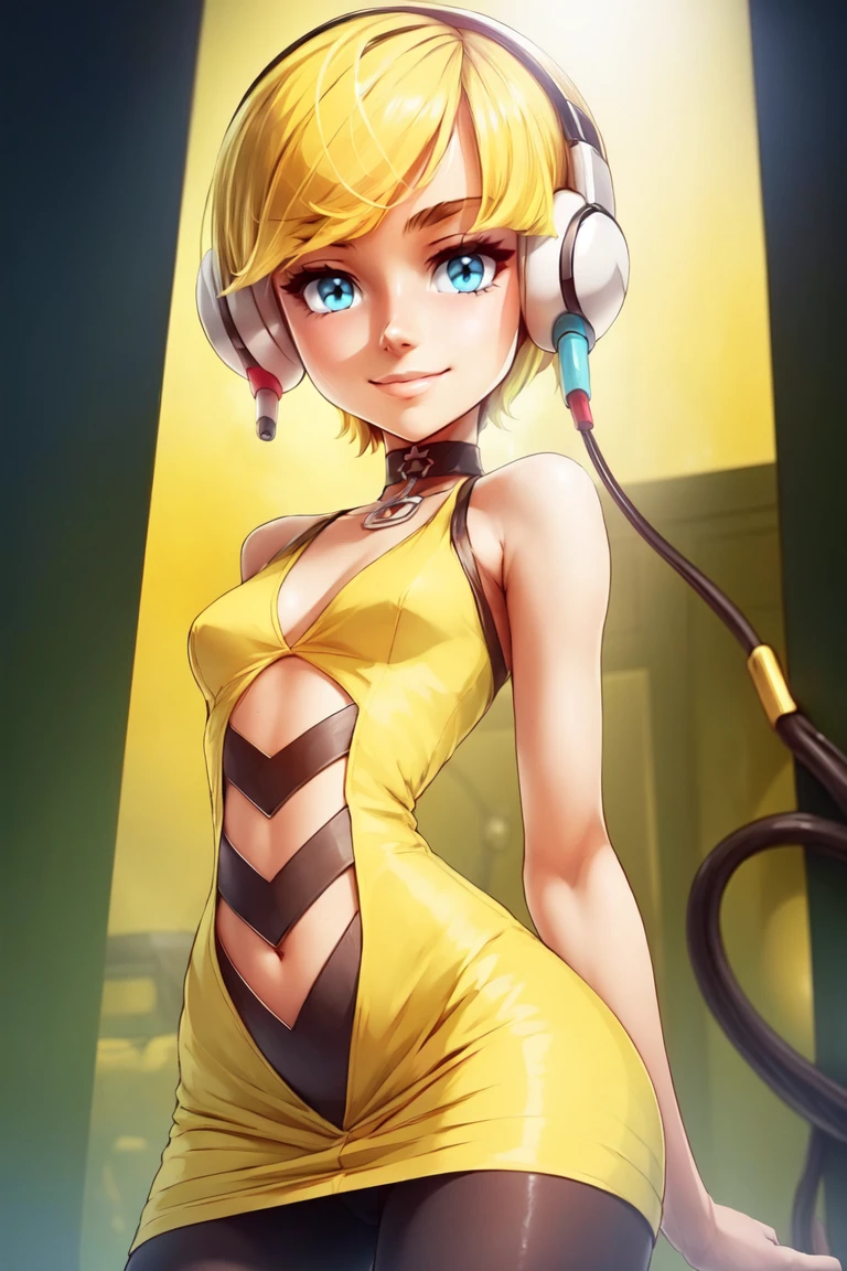 <lora:more_details:0.5>, ((masterpiece, best quality)), anime style, <lora:Elesa_Pokemon_v2:0.8>,  elesa (pokemon), blonde hair, short hair, blunt bangs,   bare arms, black pantyhose, headphones, cables, pokemon bw,  choker, black and yellow dress, short dress, clothing cutout, navel cutout,   solo, smile, looking at viewer, cowboy shot, ,