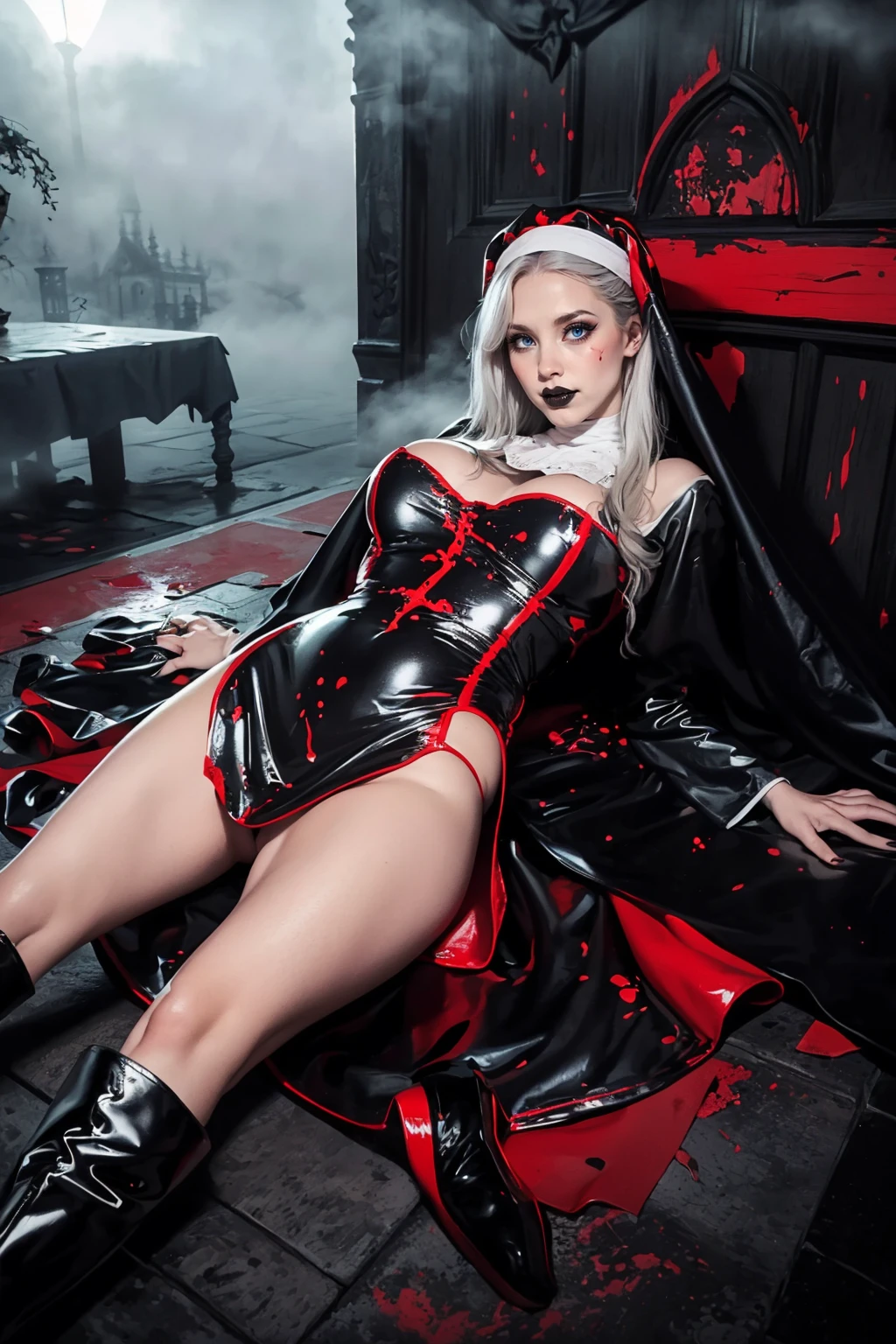 sexy woman, adult, tall, smirk, (long white hair with bangs:1.2), tmtc_3, black and red latex short dress, nun, habit, blood splatters, pelvic curtain, latex, full body, boots, makeup, lipstick, false eyelashes, <lora:tmtc_3-08:0.65>, (Fog Enshrouded Mansion, Mysterious, misty, lair, sprawling, by Bram Stoker:1.3),