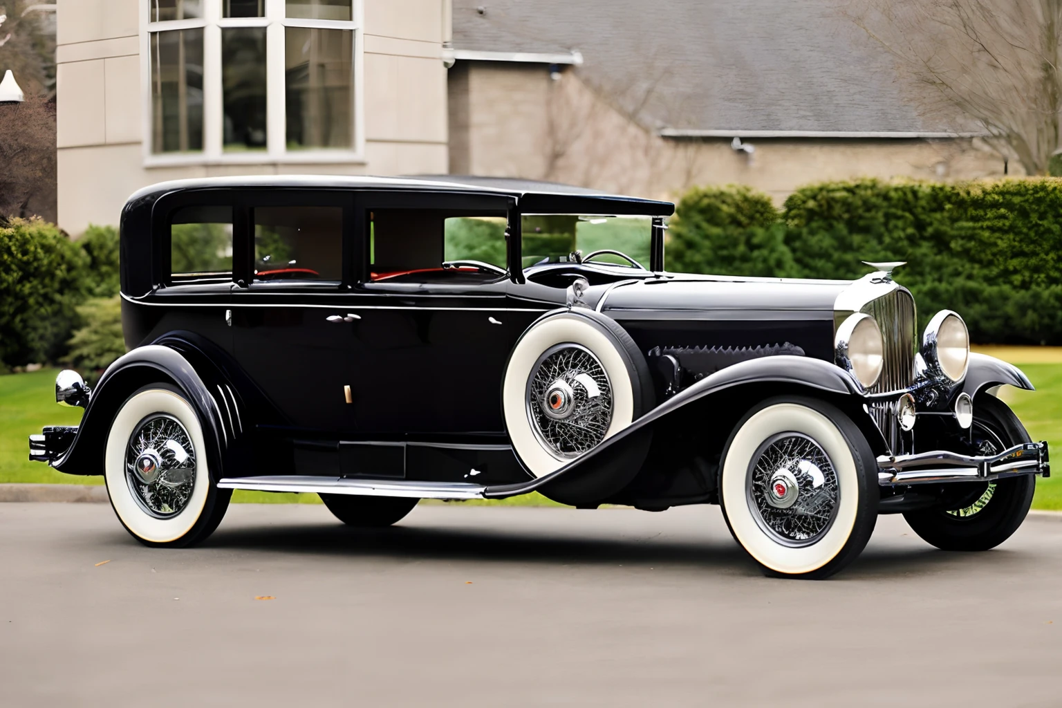 Photo of a distinguished 50 year old man wearing 1930s chauffeur livery polishing the fender of a  black duesenberg-j open town car <lora:1930s_Duesenberg_Model_J_by_IMAK:.8>