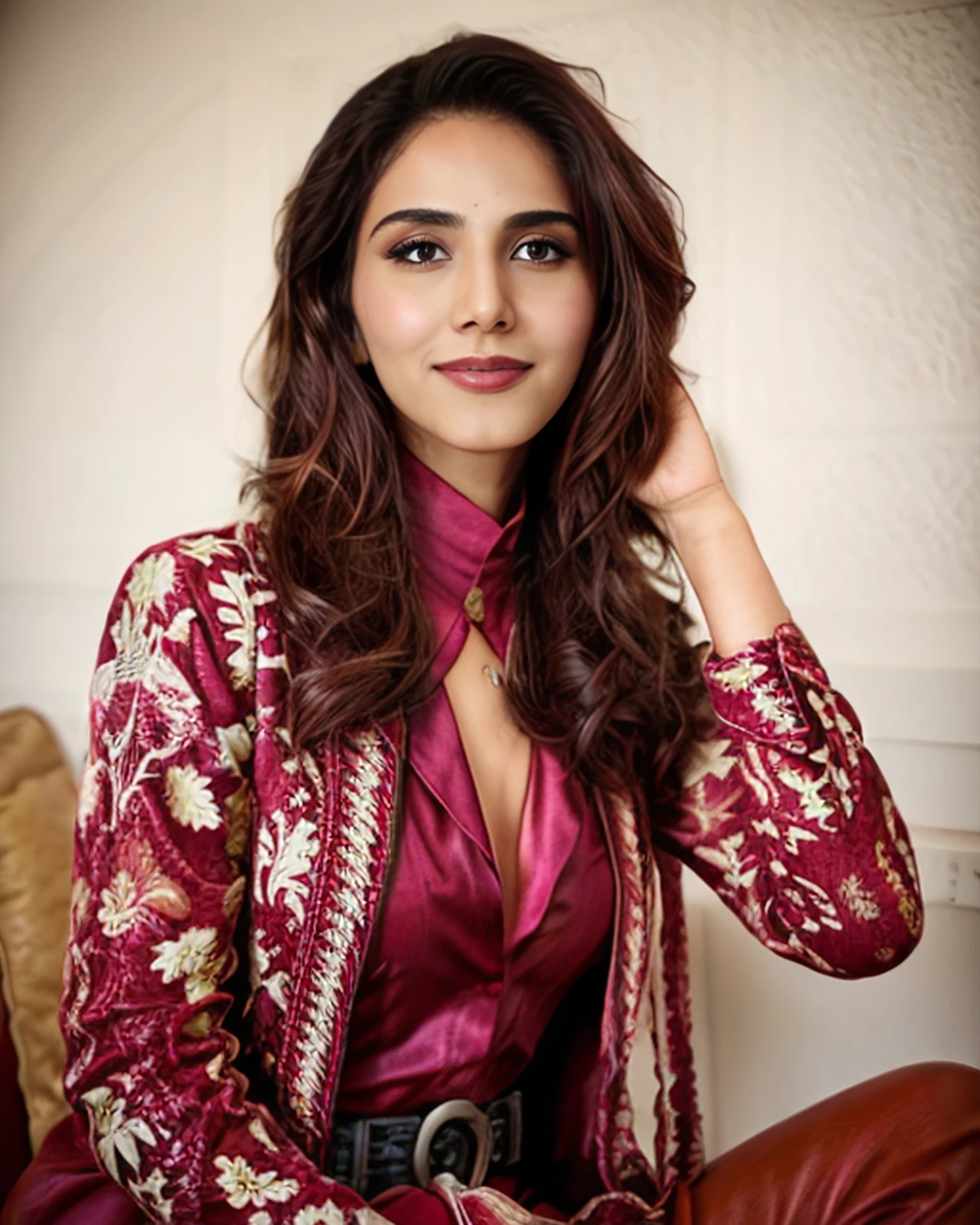 photo of vaani woman, wearing Magenta turtleneck_type  Anarkali Suit with embroidery that cover the neck chest and abdomen, laughing on face, simple eclectic interior background in bokeh  <lora:vaani_Vaani_Kapoor_SD15_LoRA_prodigy_local:1>