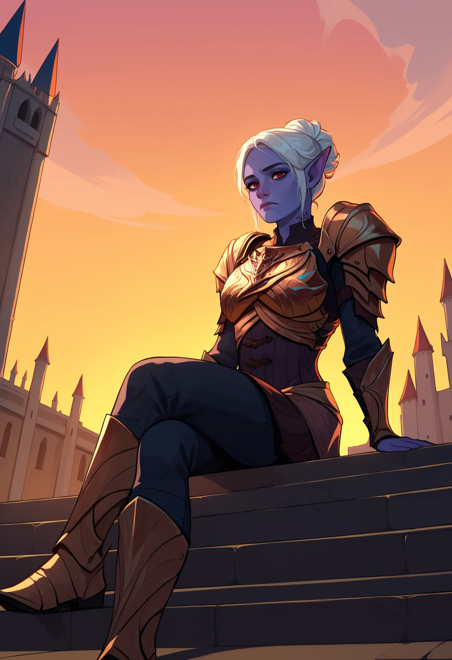 score_9, score_8_up, score_7_up, 1girl, solo, MintharaBG3, colored skin, pointy ears, red eyes, hair bun, white hair, neck tattoo, <lora:MintharaBG3PDXL_V1-Manityro-adamw:0.8>, outdoors, castle, sunset, looking at viewer, tired, MinArm, breastplate, shoulder armor, armor, sitting, stairs, low-angle view, side view, crossed legs,