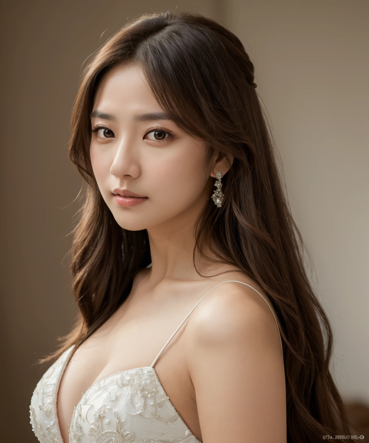 (masterpiece:1.35), (best-quality:1.4), 8k, ultra-detailed, photography, (ultra-realistic:1.4), 1girl, (portrait), (in love, in love expression:0.7), looking at viewer, (brown eyes:1.2), (long hair), deep v wedding dress, simple background, (balanced photo, balanced exposure:1.2),