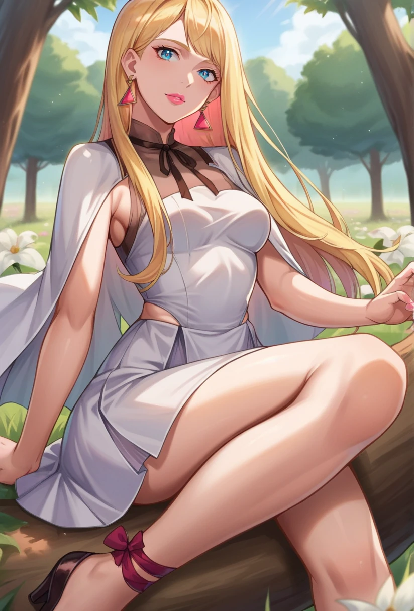 score_9, score_8_up, score_7_up, source_anime BREAK 1girl, solo, looking at viewer, cowboy shot, <lora:Gigi_Andalucia_Sdxl-12:1>, blonde hair, long hair, blue eyes, earrings, triangle earrings, jewelry, white dress, white capelet, white skirt, medium skirt, ribbon, wide hips, medium breasts, high heels, no socks, pink lips, nail polish, pink nails, outdoors, sunlight, grass, flower field, sitting in tree, tree,