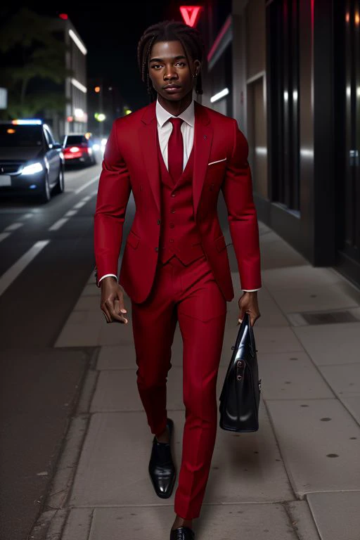 a portrait of Isaiah walking down the street wearing a red business suit. Night.