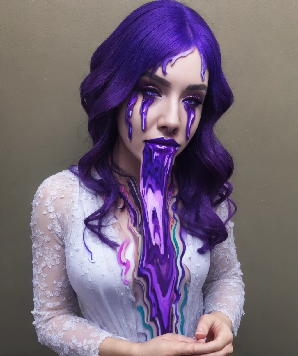 dripping,1girl,purple hair,gown,<lora:face_melting-02:2>,