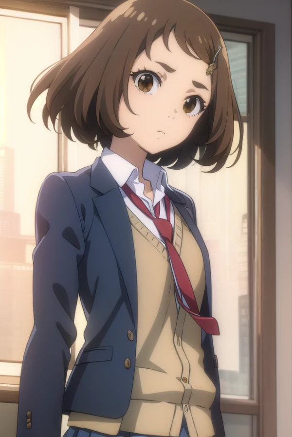 kanakoumoto, <lora:kana koumoto movie2-lora-nochekaiser:1>,
kana koumoto, short hair, brown hair, hair ornament, (brown eyes:1.5), hairclip,
BREAK skirt, school uniform, pleated skirt, necktie, miniskirt, cardigan, red necktie, brown cardigan, blazer, blue blazer,
BREAK indoors, classroom,
BREAK looking at viewer, (cowboy shot:1.5), dynamic pose,
BREAK <lyco:GoodHands-beta2:1>, (masterpiece:1.2), best quality, high resolution, unity 8k wallpaper, (illustration:0.8), (beautiful detailed eyes:1.6), extremely detailed face, perfect lighting, extremely detailed CG, (perfect hands, perfect anatomy),