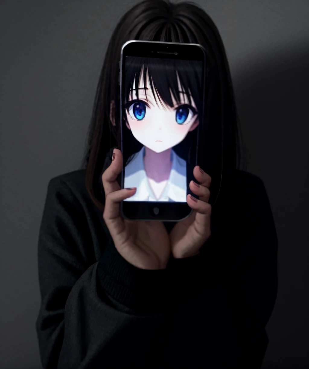 dark theme,w_phone,1girl,solo,long hair,looking at viewer,blue eyes,simple background,brown hair,shirt,long sleeves,white shirt,upper body,collared shirt,grey background,sweater,sleeves past wrists,holding phone,<lora:waifu_phone-03:1>,<lora:LowRA:0.8>,