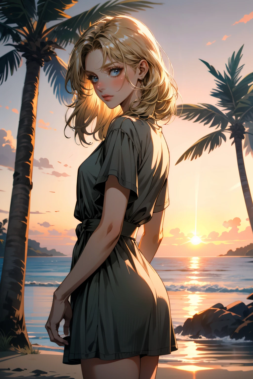 ((ultra detailed, masterpiece, absurdres))
 <lora:DSAmelie:0.8>
DSAmelie, blonde hair, blue eyes, at the beach, minidress, palm trees, sundown