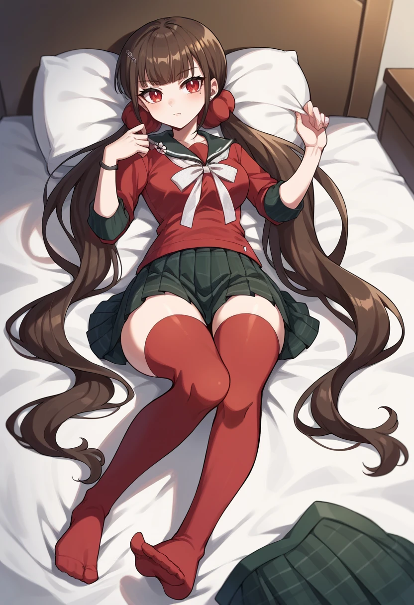 score_9, score_8_up, score_7_up, source_anime BREAK Harumaki, 1girl, low twintails, red eyes, brown hair, red scrunchie, mole under eye, hairclip, red shirt, brooch, pleated skirt, white bow, red thighhighs, lying on bed, feet, <lora:MakiTPonyXL-000009:1>
