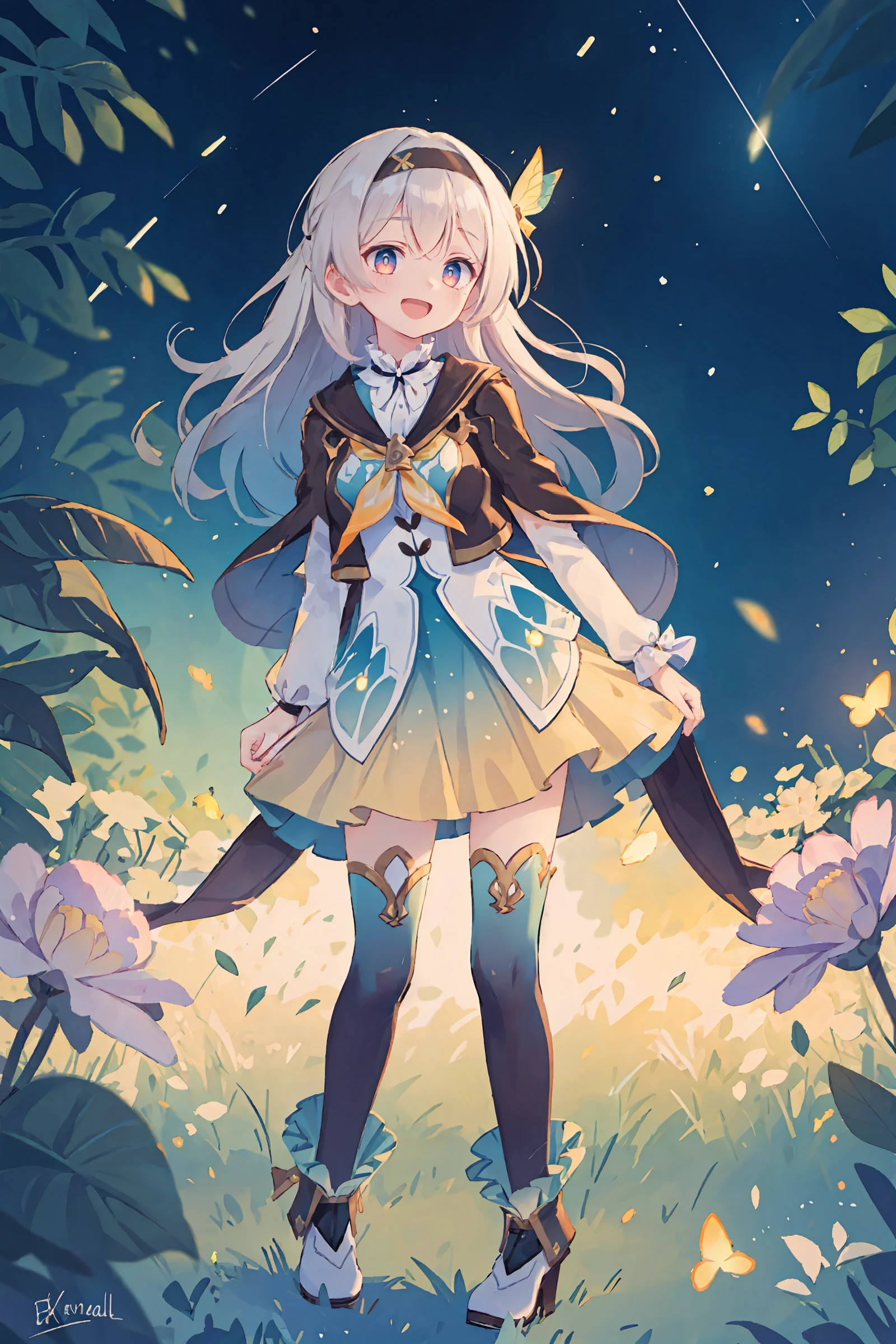 1girl, firefly \(honkai: star rail\), solo, black thighhighs, hairband, gradient skirt, hair ornament, blouse, frilled collar, frilled boots, cropped jacket, yellow neckerchief, full body, night, floating hair, depth of field, standing on one leg, smile, open mouth, fireflies, bokeh, meadow, shooting star
