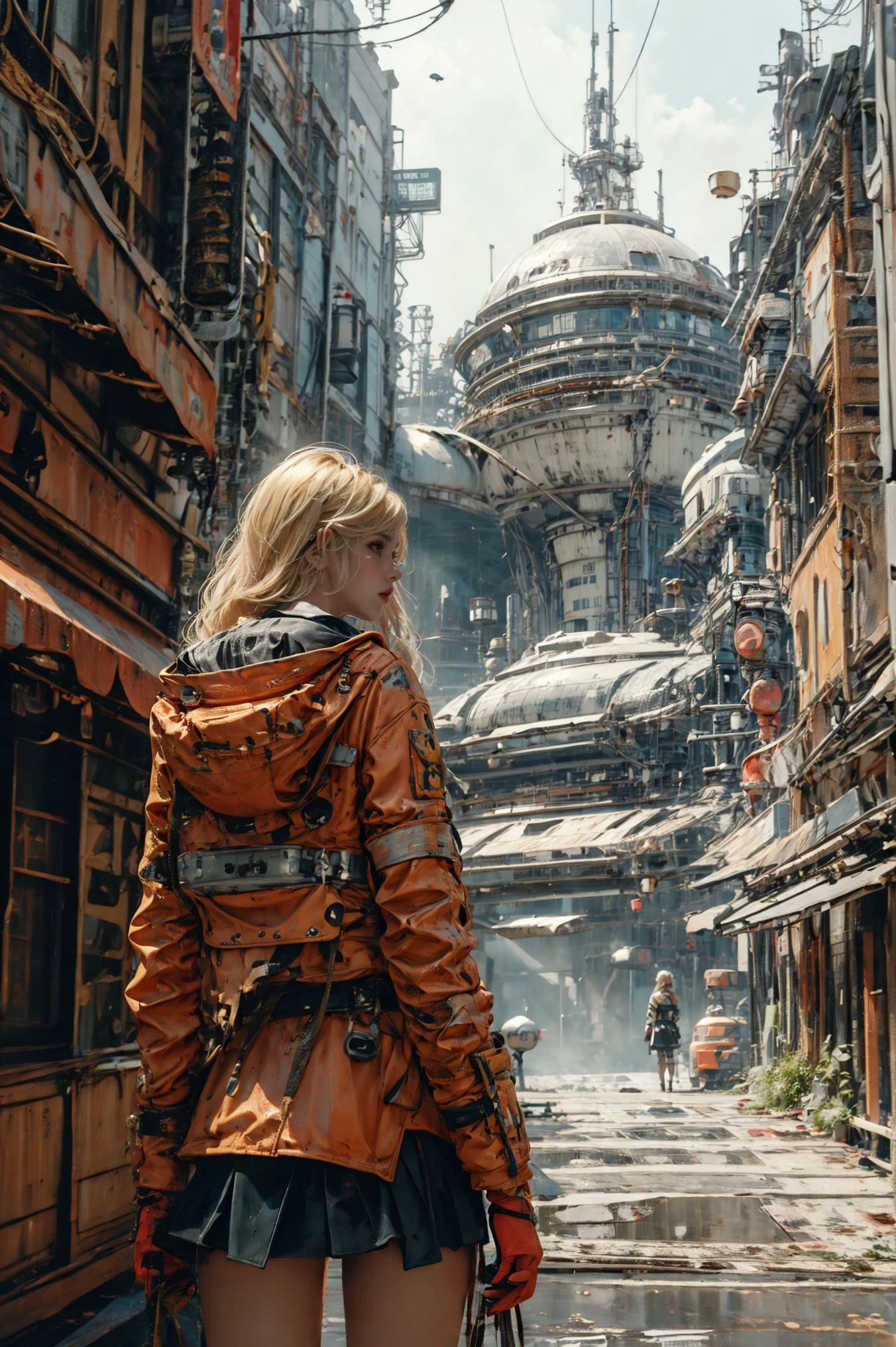 xuer dieselpunk,ground vehicle,blonde hair,science fiction,outdoors,long hair,street,tree,building,hood,from behind,jacket,skirt,1girl,
<lora:~Q?-glgQK xuer dieselpunk:0.8>,