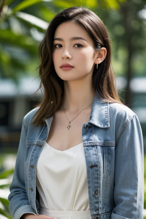 HWGIRL,masterpiece,ultra realistic,32k,extremely detailed CG unity 8k wallpaper, best quality,(summer day ),lady ,necklace ,eardrop, The Amazon Rainforest, Brazil, ( dark white Wear a satin slip dress with a denim jacket ) , aqua hair hair messy hair ,,<lora:Hwgirl_V020:0.9>,