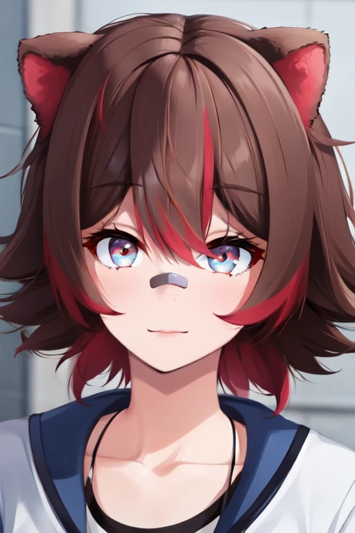 <lora:NewRakkunV2:0.7> rakkunvt, animal ears, brown hair, red hair, short hair, bandaid on face, bandaid on nose, hair between eyes, raccoon ears, (masterpiece, best quality, high quality, highres, ultra-detailed)