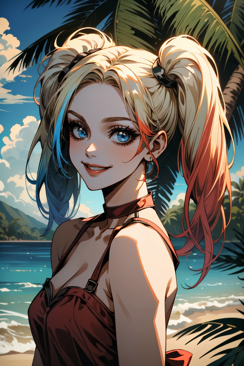 ((ultra detailed, masterpiece, absurdres))
 <lora:I2HQuinn:0.8>
I2HQuinn, 1girl, twintails, multicolored hair, blonde hair, blue eyes, smile, on a tropical island, sundress, palm trees