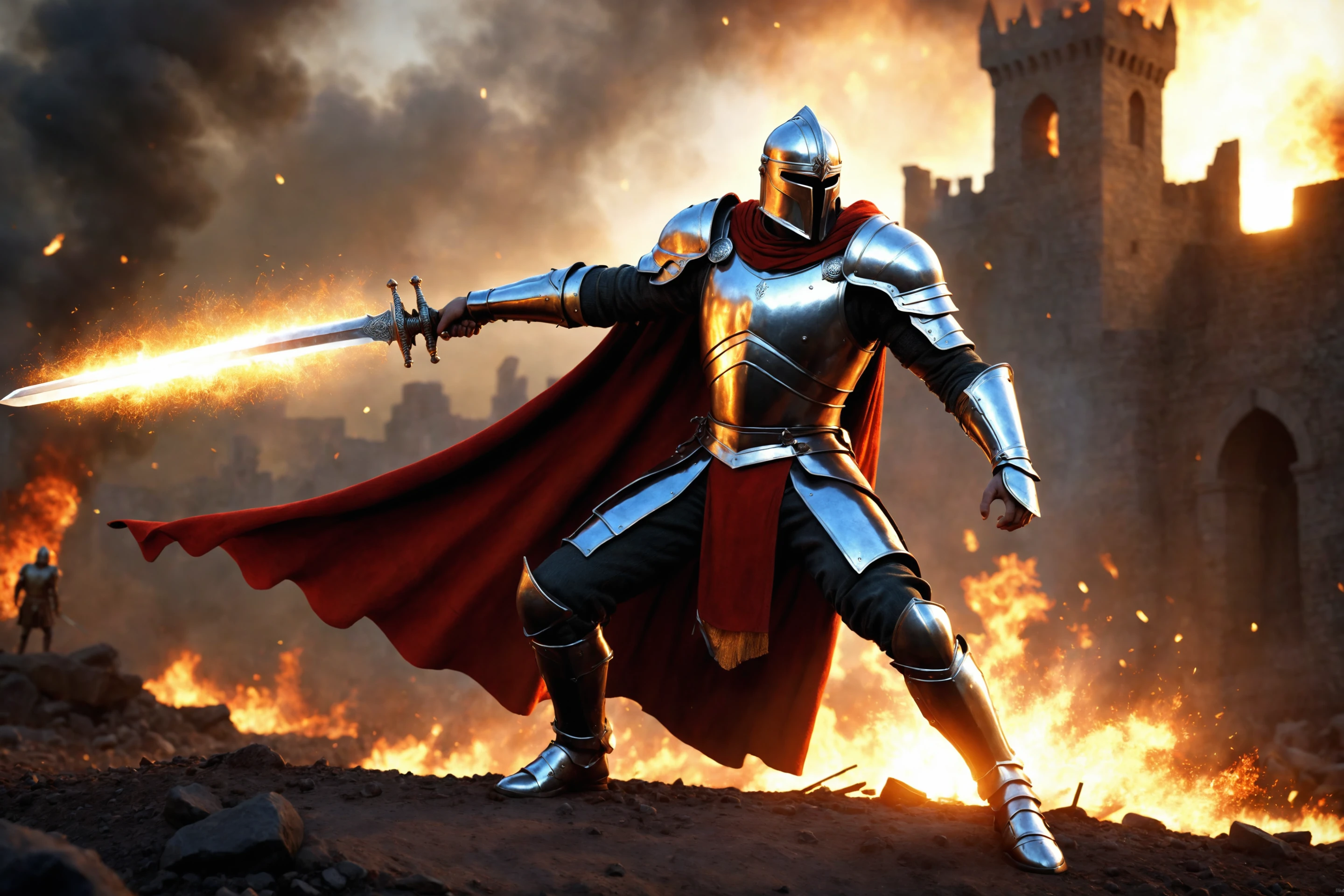 The image depicts a medieval or fantasy-themed scene, showcasing a warrior in the midst of battle. The warrior, donning a metallic armor with intricate detailing, wields a long, sharp sword. The armor is predominantly silver with hints of gold, and the warrior's cape, flowing behind him, is a vivid shade of red. The atmosphere is intense, with a golden-yellow hue dominating the background, suggesting either a sunset or a battlefield engulfed in fire. The ambiance is chaotic, with scattered debris and flying particles, possibly indicating the intensity of the battle. The composition is well-balanced, with the warrior positioned centrally and the background gradually fading into the blur, directing the viewer's focus towards the main subject.
The art style is reminiscent of modern 3D animation, with a high level of detail, realistic textures, and vibrant colors. The environment and the character are rendered with meticulous attention to light, shadow, and depth, giving the scene a lifelike quality.
pixar dreamworks, cinematic, dramatic lighting, movie poster, dynamic action photo, detailed background, battlefield, flaming sword
photo photograph photographic photography photorealistic realistic hyperrealistic