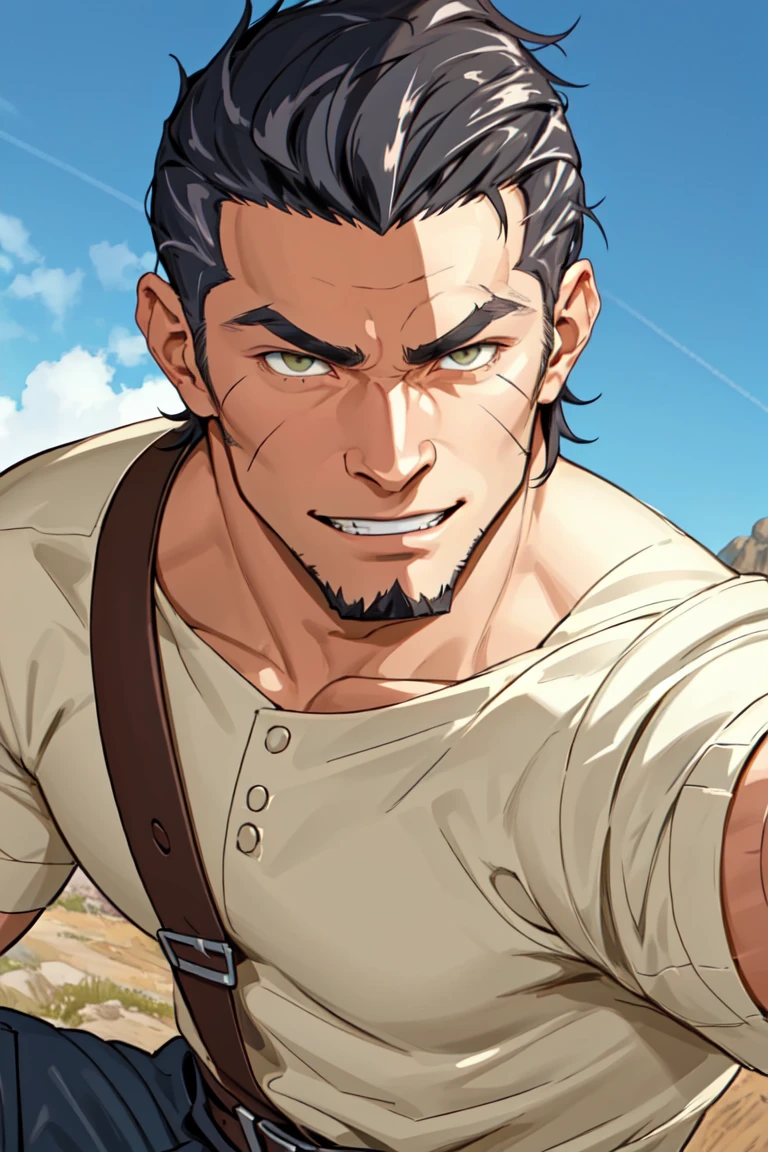 (1 image only), solo male, Kaburagi, Deca Dence, greying black hair, slicked back hair, thick eyebrows, sideburns, goatee, green eyes, scar, tucked-in wide necked short-sleeved pure white shirt, sleeves tucked up and buttoned, short sleeves, olive wide worker pants, black belt tied, brown boots. simpple leather bracelet, toned male, mature, handsome, charming, alluring, grin, (portrait, close-up), perfect anatomy, perfect proportions, best quality, masterpiece, high_resolution, dutch angle, outdoors, day, blue sky, science fiction, citadel on sky, photo background, bare neck<lora:EMS-309283-EMS:0.700000>