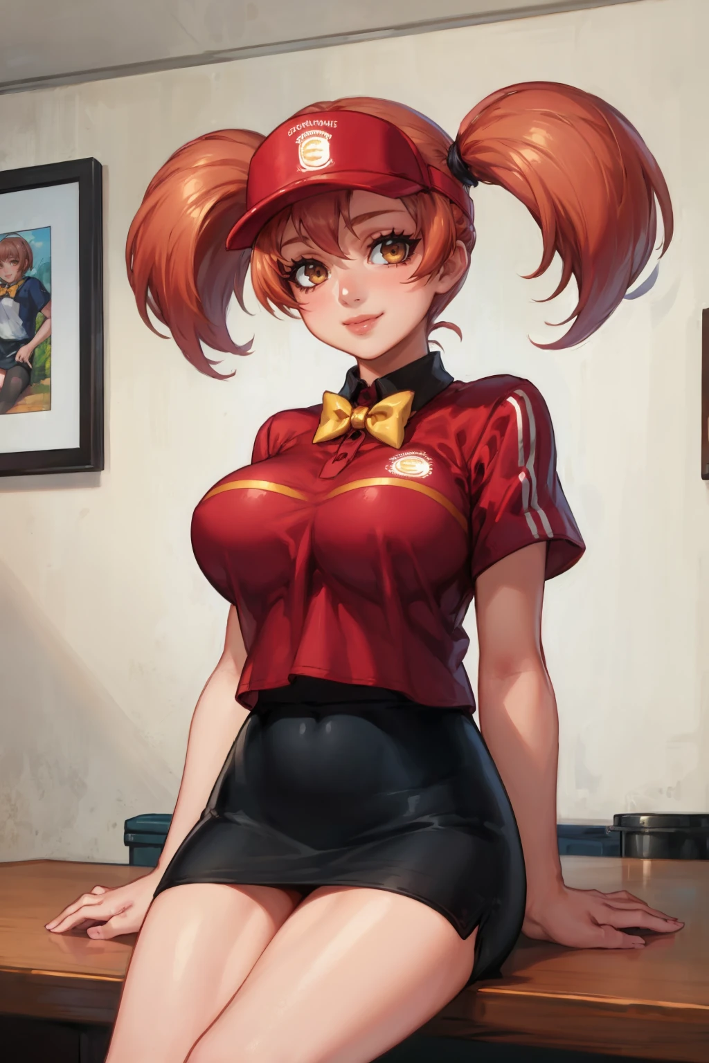 masterpiece, best quality, <lora:sasakichiho-nvwls-v1-000009:0.9> sasaki chiho, short twintails, visor cap, yellow bowtie, red shirt, short sleeves, employee uniform, black miniskirt, large breasts, sitting on table, looking at viewer, smile