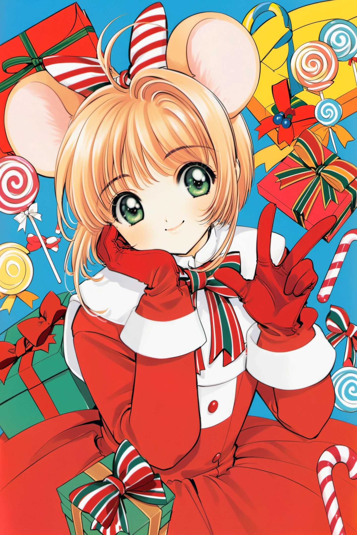 1girl, kinomoto sakura, solo, candy, bow, red gloves, green eyes, food, animal ears, striped bow, gloves, smile, mouse ears, short hair, 1990s (style), striped, antenna hair, retro artstyle, dress, v,looking at viewer, candy cane, long sleeves, fake animal ears, bangs, head rest, closed mouth, red dress, bowtie, gift, ribbon, box, swirl lollipop, lollipop, brown hair, blonde hair, red bow, flower, gift box,<lora:Card Captor Sakura_XL:0.8>,