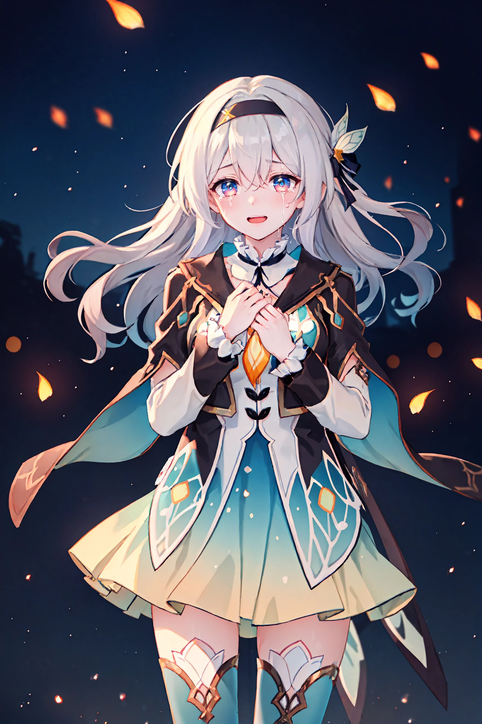 1girl, firefly \(honkai: star rail\), solo, black thighhighs, hairband, gradient skirt, hair ornament, blouse, frilled collar, cropped jacket, yellow neckerchief, cowboy shot, standing, smile, floating hair, depth of field, hands on own chest, crying with eyes open, bokeh, fireflies, night