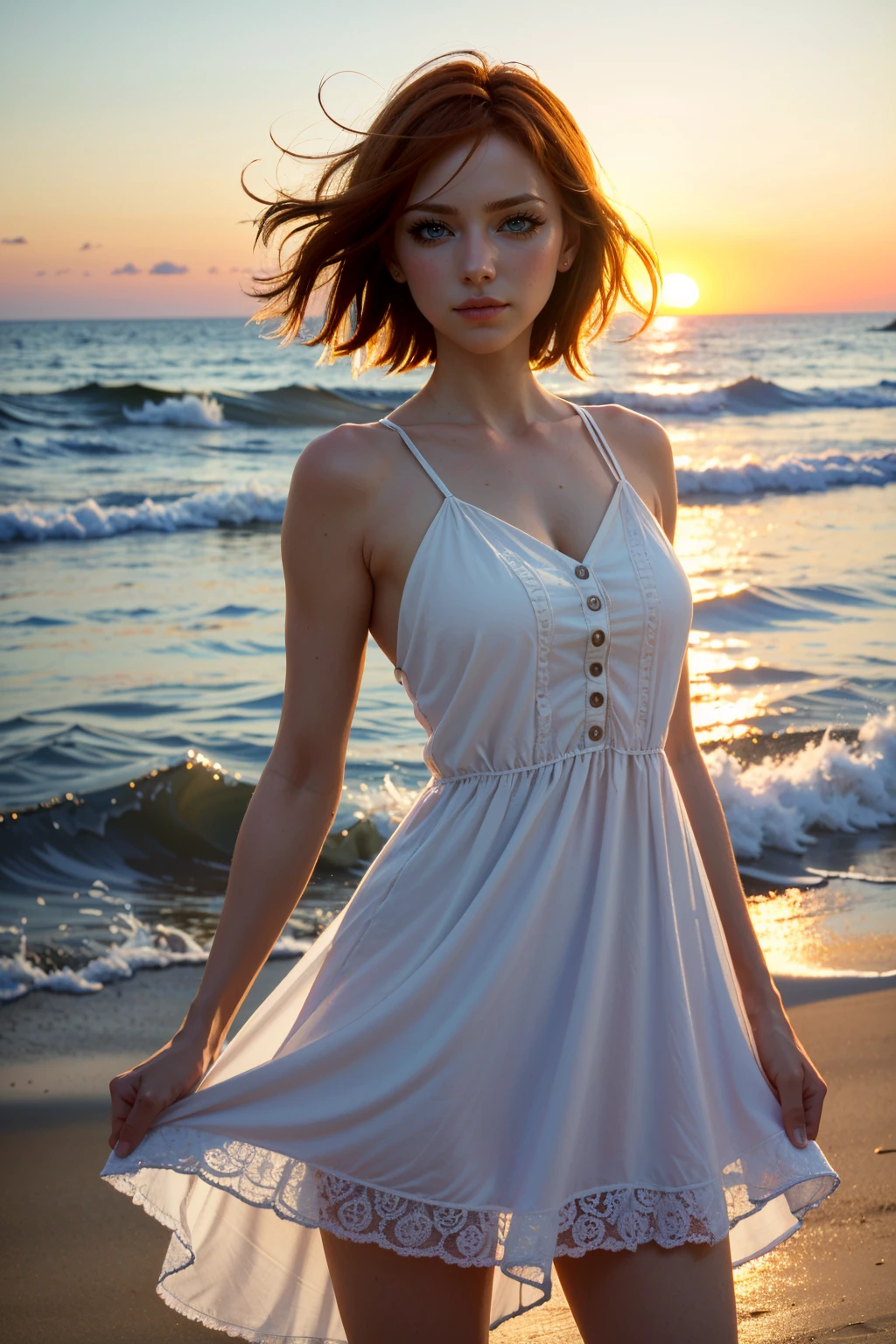 ((ultra detailed, masterpiece, absurdres))
 <lora:DALeliana:0.8>
DALeliana, medium hair, orange hair, blue eyes, on a beach during a vibrant sunset, sundress, playing with the waves