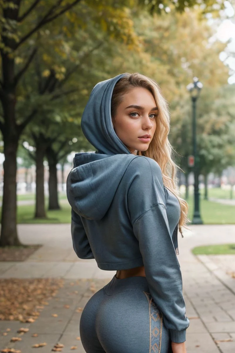photo of S336_LucieRoseDonlan,a stylish woman,in a (park:1.1),wearing a (hoodie:1.1),(leggings),(4k, RAW photo, best quality, depth of field, ultra high res:1.1),(absurdres, intricate, photorealistic, masterpiece, ultra-detailed:1.1),