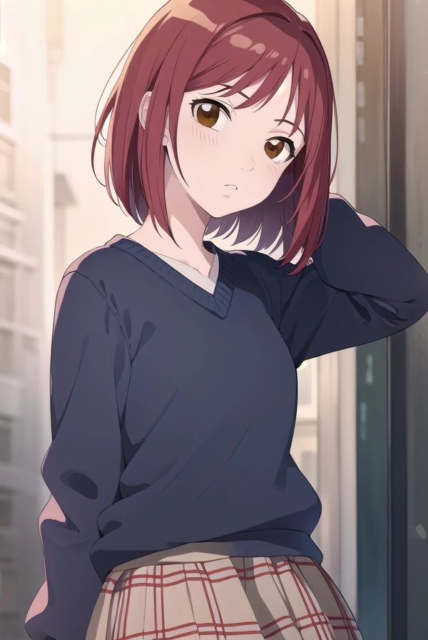 mamimisamejima, <lora:mamimi samejima ova1-lora-nochekaiser:1>,
mamimi samejima, short hair, (brown eyes:1.5), red hair,
BREAK skirt, school uniform, serafuku, sweater, plaid, plaid skirt, long sleeves,
BREAK outdoors,
BREAK looking at viewer, (cowboy shot:1.5), dynamic pose,
BREAK <lyco:GoodHands-beta2:1>, (masterpiece:1.2), best quality, high resolution, unity 8k wallpaper, (illustration:0.8), (beautiful detailed eyes:1.6), extremely detailed face, perfect lighting, extremely detailed CG, (perfect hands, perfect anatomy),