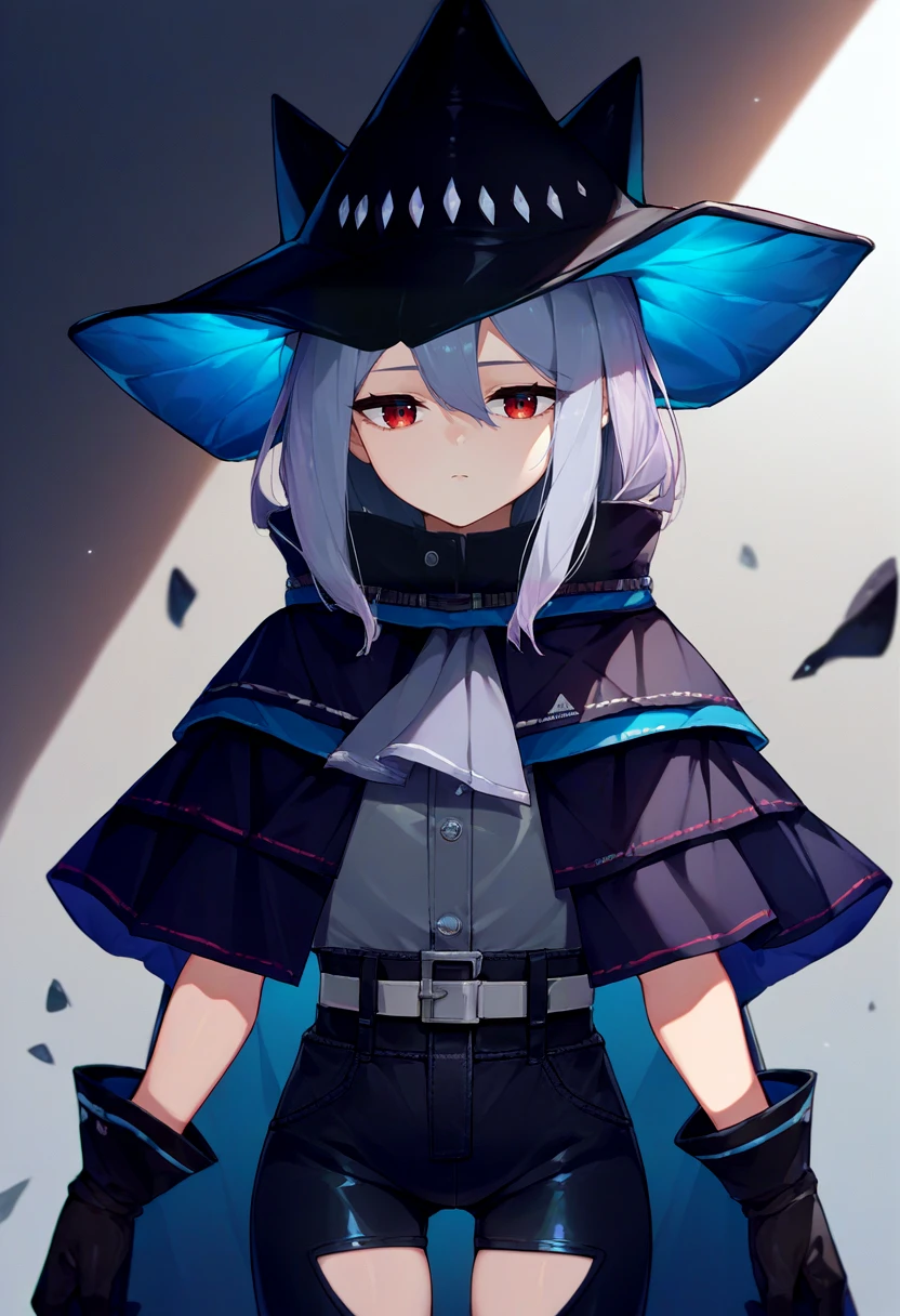 score_9, score_8_up, score_7_up, source_anime, solo, 1girl, skadidef, expressionless, looking at viewer, standing, black headwear, grey shirt, ascot, black capelet, gloves, black pants, (clothing cutout, thigh cutout:1.1), belt <lora:arknights_skadi_ponyXL:1>