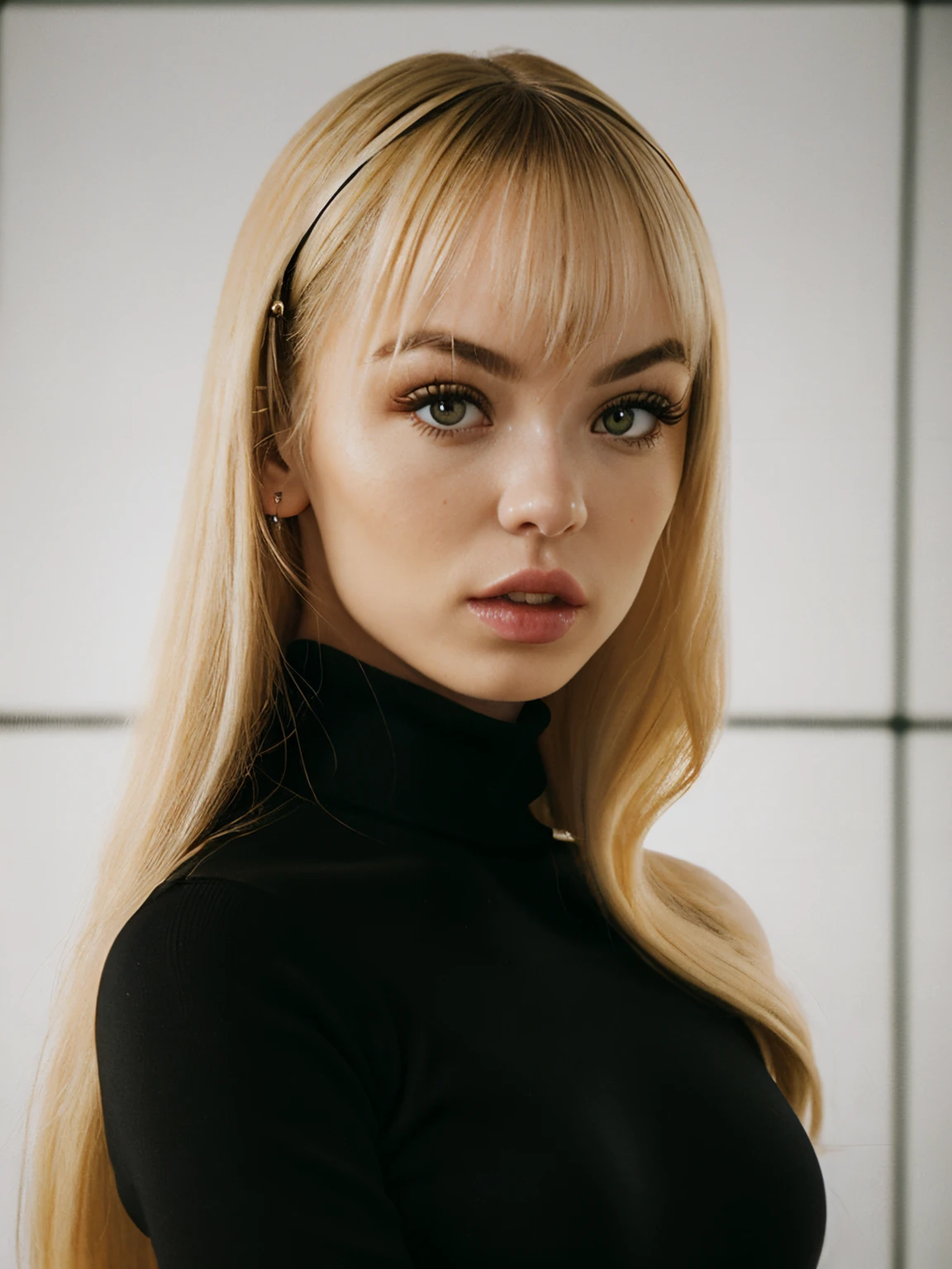 epic35mm, photo of beautiful (block_lillybell:0.99), a woman, perfect long blonde hair, (closeup portrait), (red turtleneck jumper:1.1), 85mm, (analog, cinematic, film grain:1.3), (metro station), ((detailed eyes)), (color picture:1.1), (looking at viewer),  <lora:epiC35mm:1>
